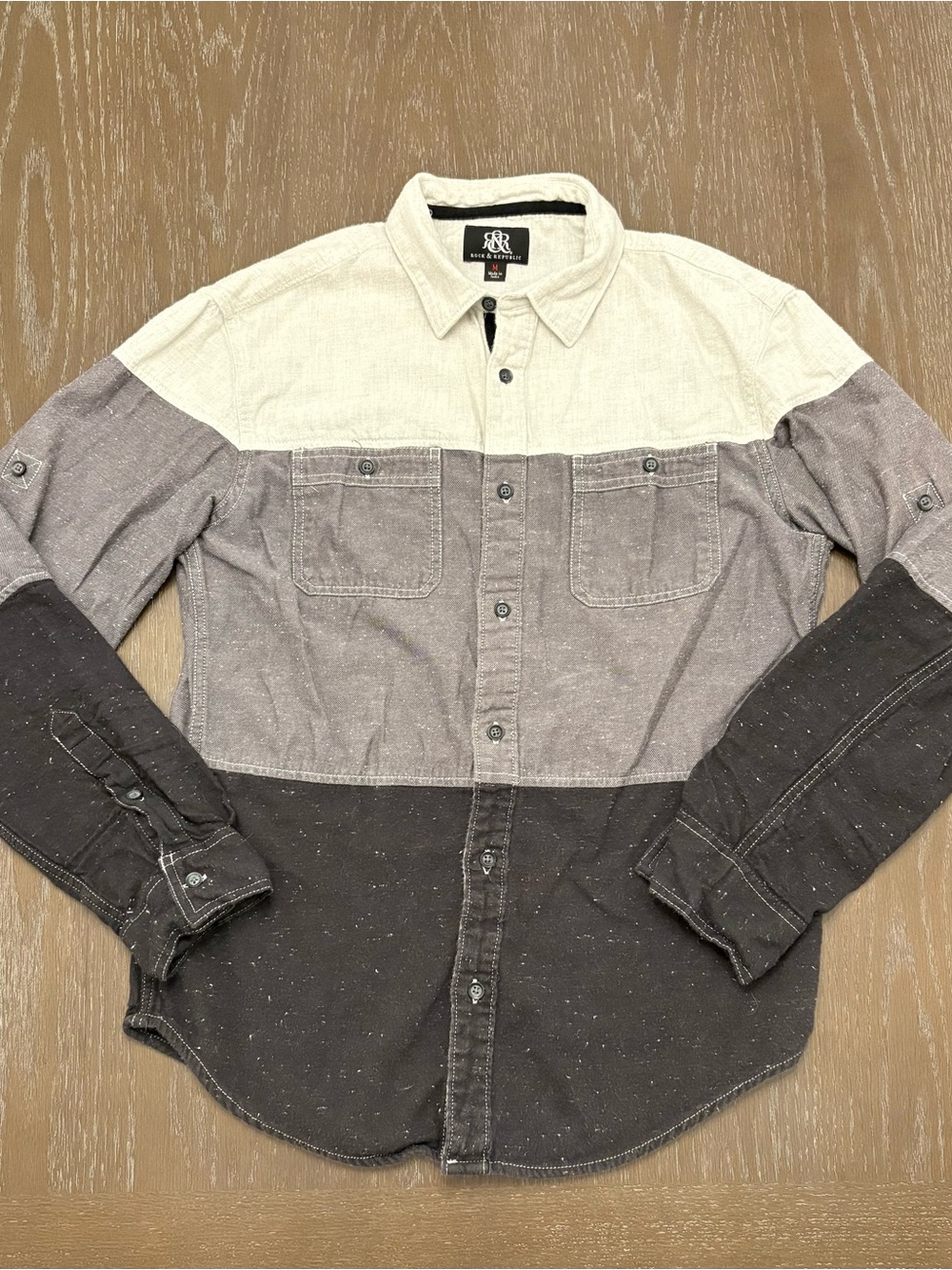 Rock & Republic PreppyThree-Tone Button-Down in Cream, Gray, Black Medium
